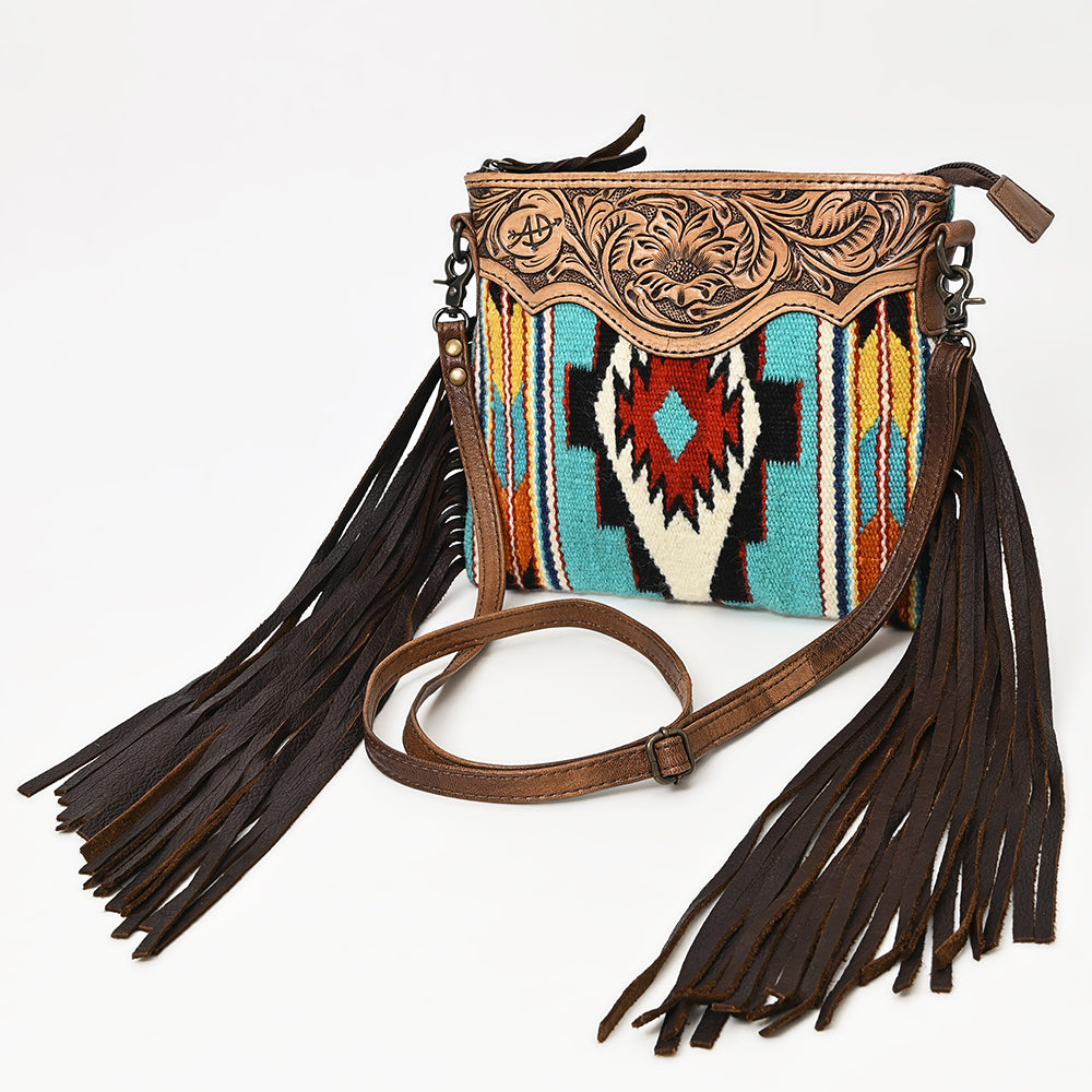 ADBG236 Southwestern Handwoven Crossbody Bag with Hand-Tooled Leather Flap and Long Fringes