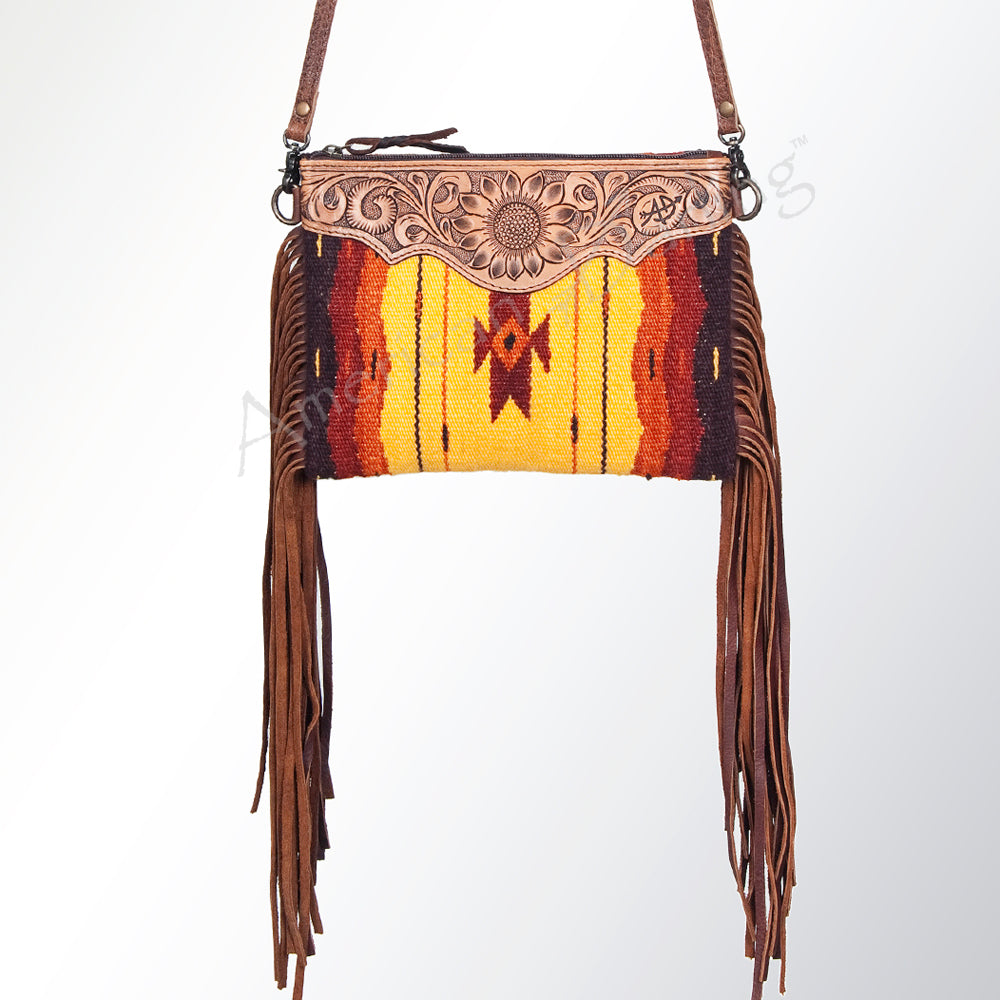 ADBG236 Southwestern Handwoven Crossbody Bag with Hand-Tooled Leather Flap and Long Fringes