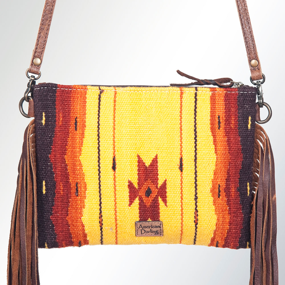ADBG236 Southwestern Handwoven Crossbody Bag with Hand-Tooled Leather Flap and Long Fringes