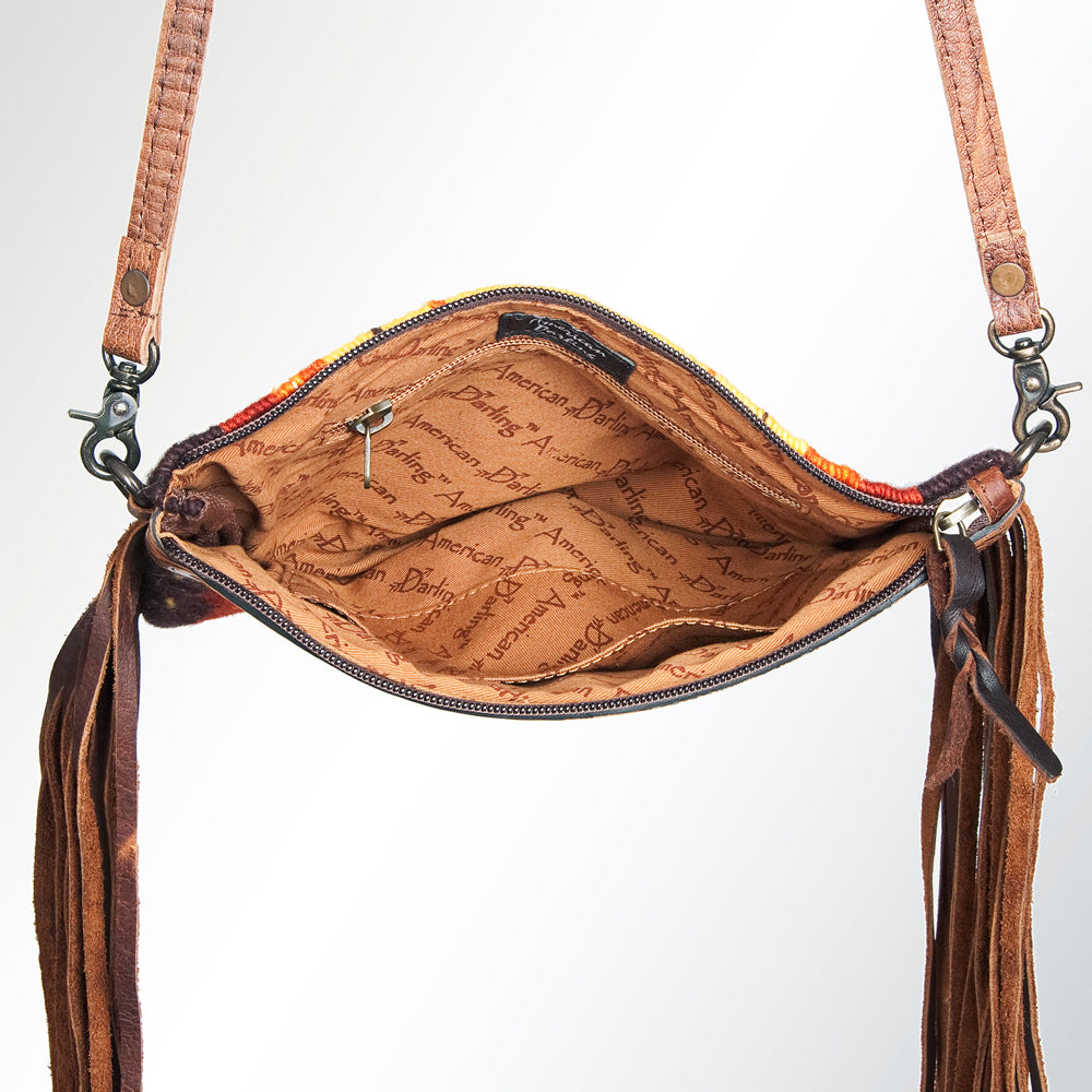 ADBG236 Southwestern Handwoven Crossbody Bag with Hand-Tooled Leather Flap and Long Fringes