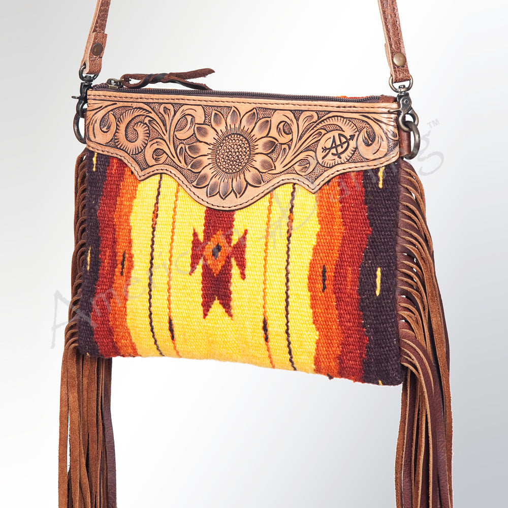 ADBG236 Southwestern Handwoven Crossbody Bag with Hand-Tooled Leather Flap and Long Fringes