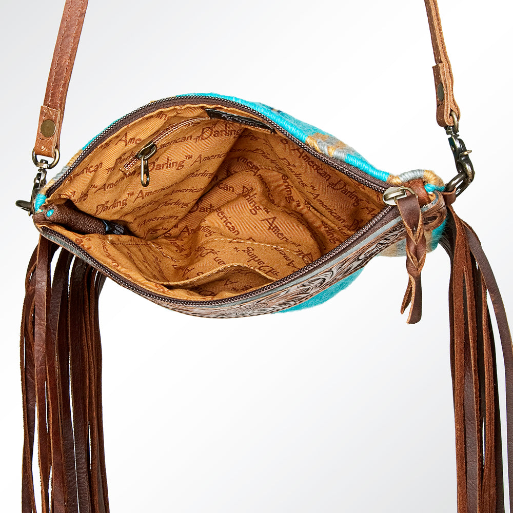 ADBG236 Southwestern Handwoven Crossbody Bag with Hand-Tooled Leather Flap and Long Fringes