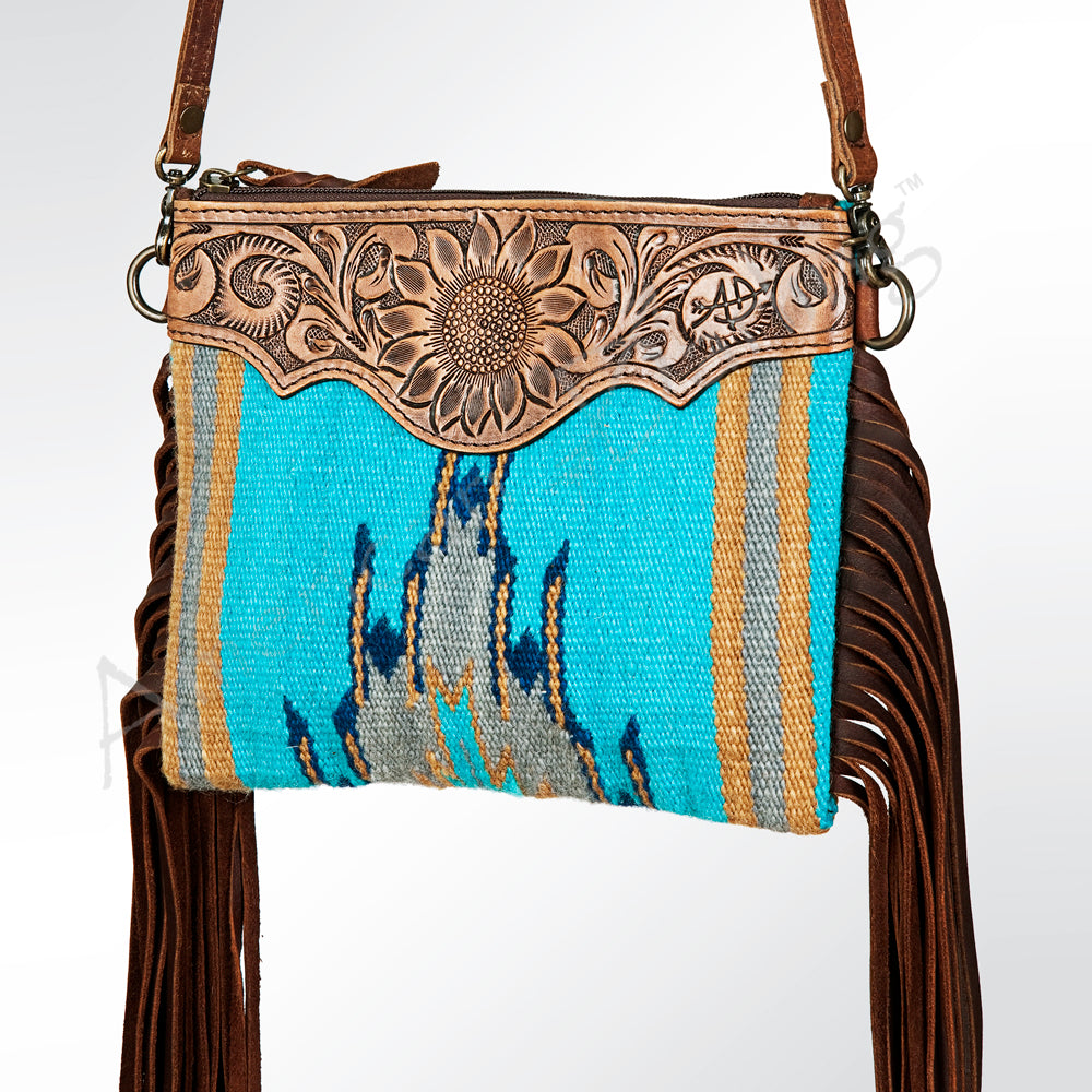 ADBG236 Southwestern Handwoven Crossbody Bag with Hand-Tooled Leather Flap and Long Fringes
