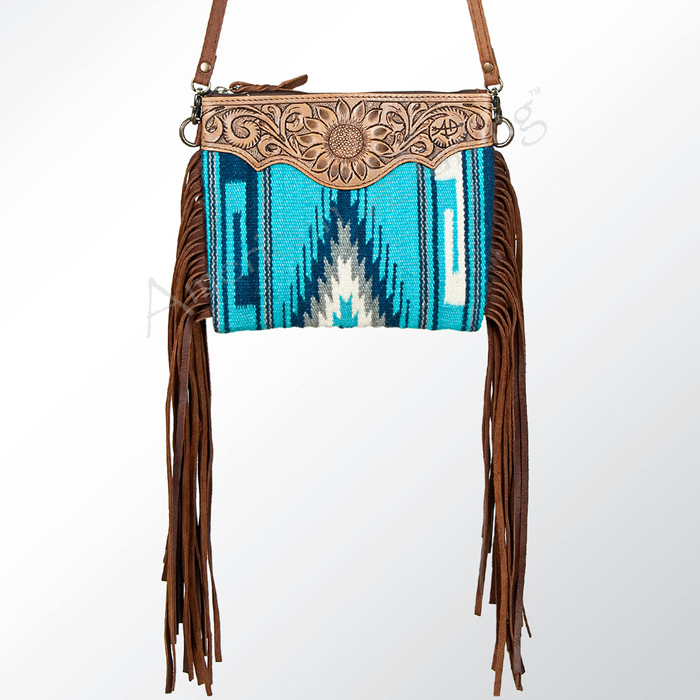 ADBG236 Southwestern Handwoven Crossbody Bag with Hand-Tooled Leather Flap and Long Fringes