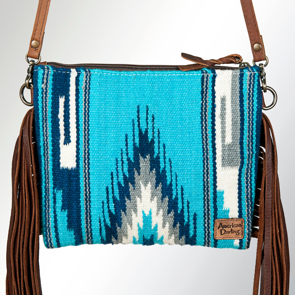 ADBG236 Southwestern Handwoven Crossbody Bag with Hand-Tooled Leather Flap and Long Fringes