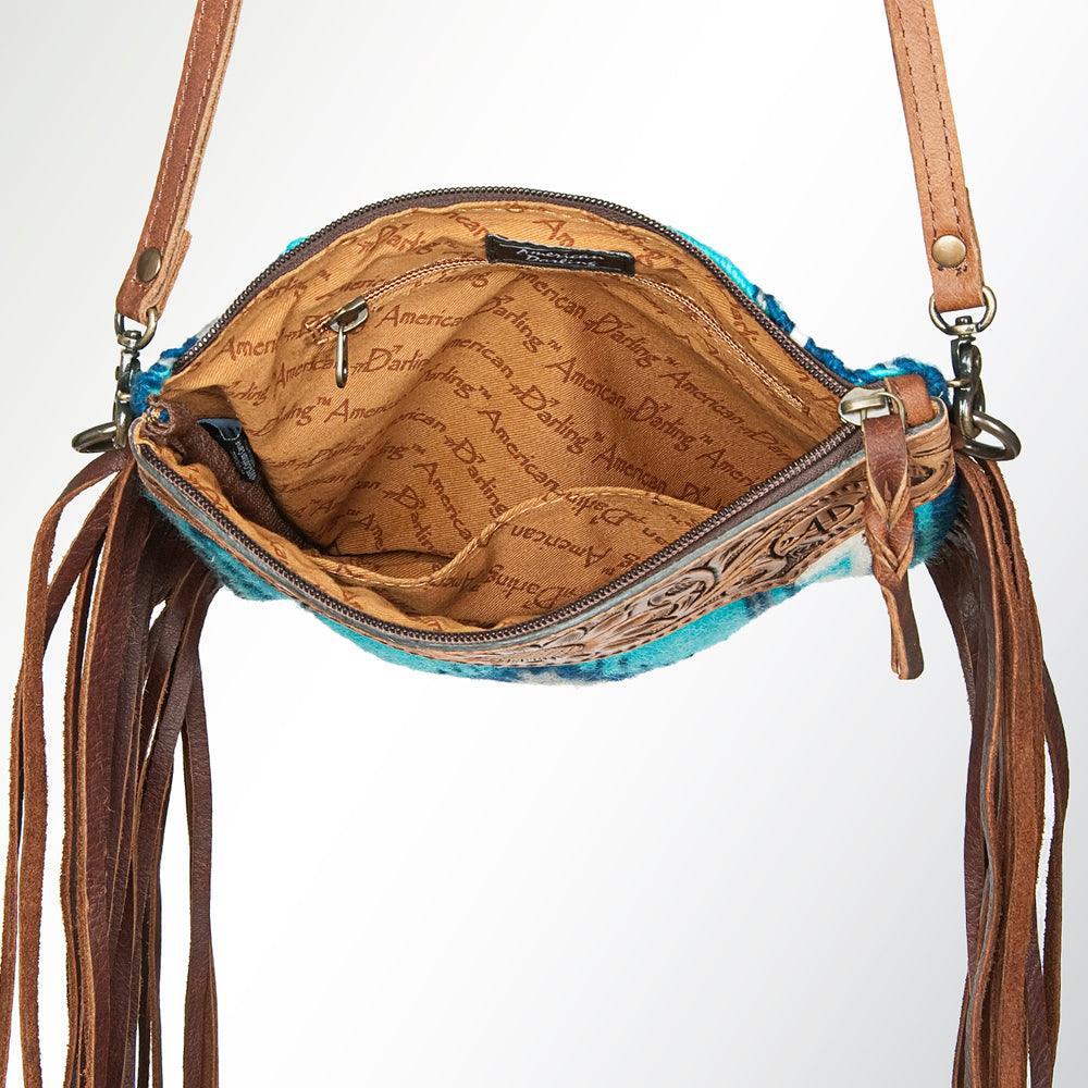 ADBG236 Southwestern Handwoven Crossbody Bag with Hand-Tooled Leather Flap and Long Fringes