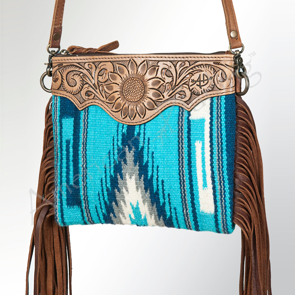 ADBG236 Southwestern Handwoven Crossbody Bag with Hand-Tooled Leather Flap and Long Fringes