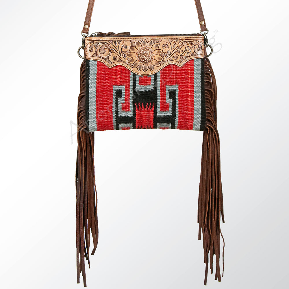 ADBG236 Southwestern Handwoven Crossbody Bag with Hand-Tooled Leather Flap and Long Fringes