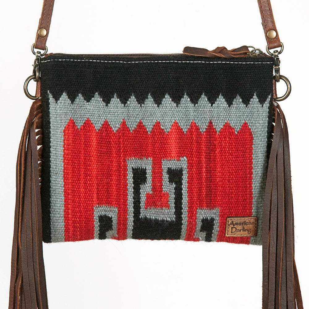 ADBG236 Southwestern Handwoven Crossbody Bag with Hand-Tooled Leather Flap and Long Fringes