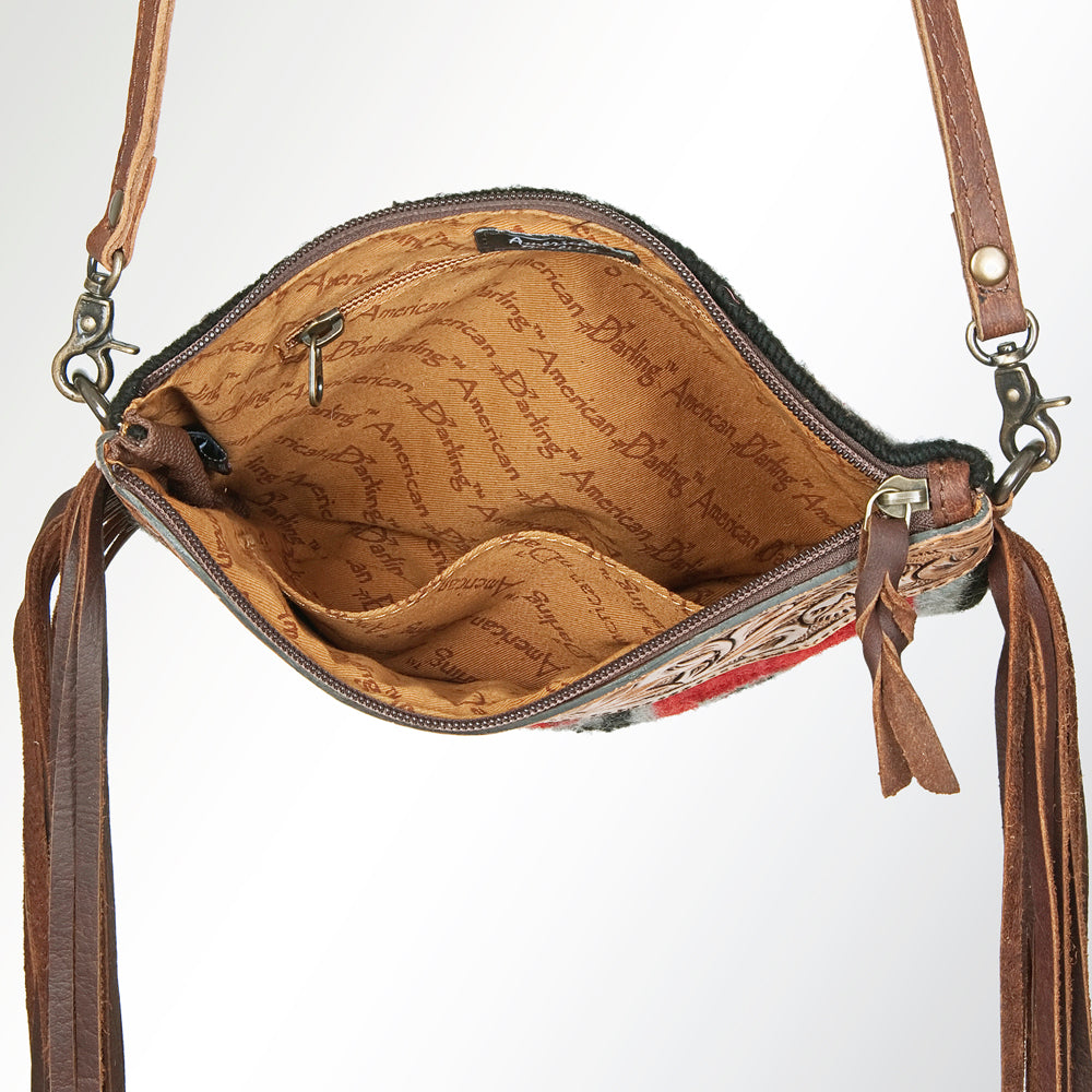 ADBG236 Southwestern Handwoven Crossbody Bag with Hand-Tooled Leather Flap and Long Fringes