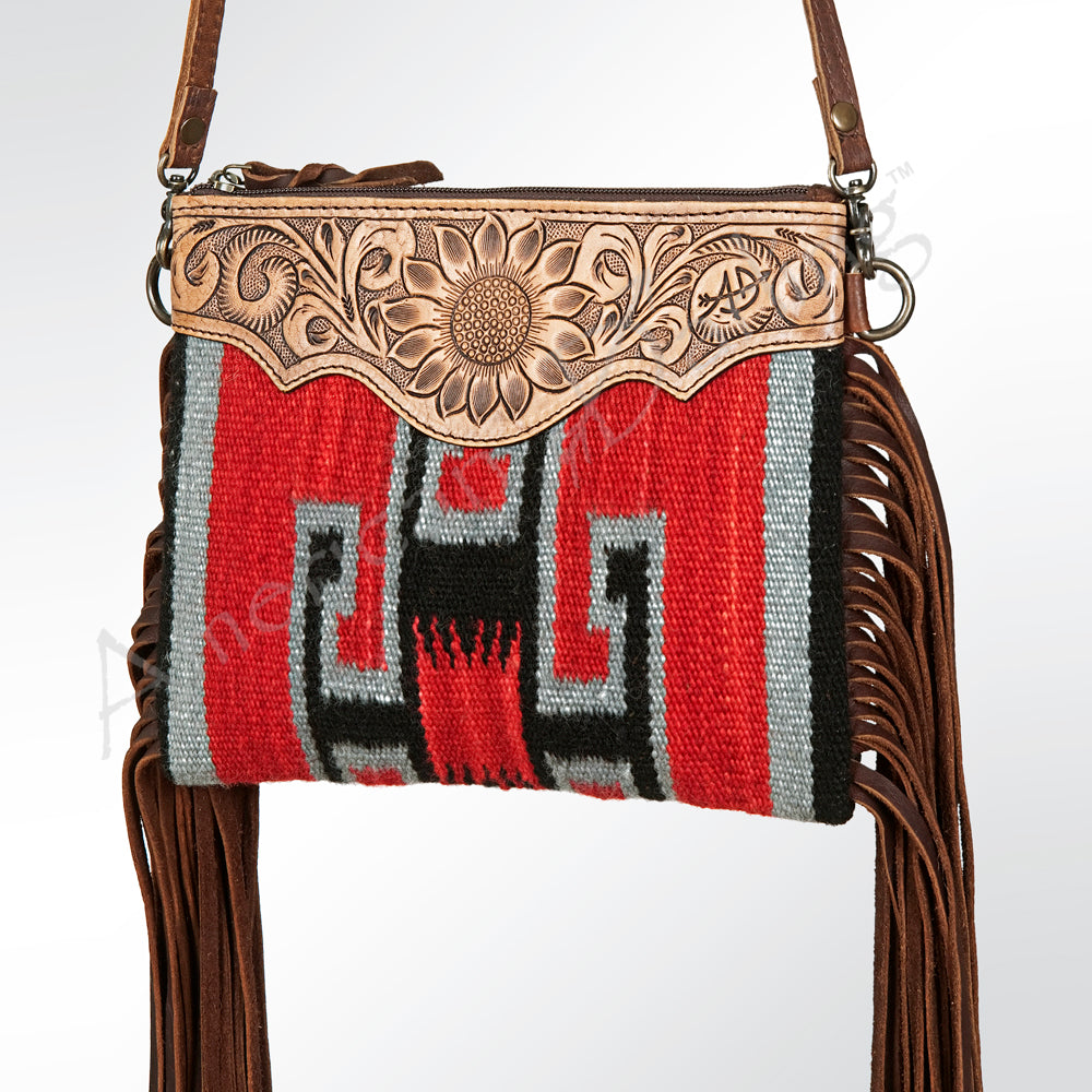 ADBG236 Southwestern Handwoven Crossbody Bag with Hand-Tooled Leather Flap and Long Fringes