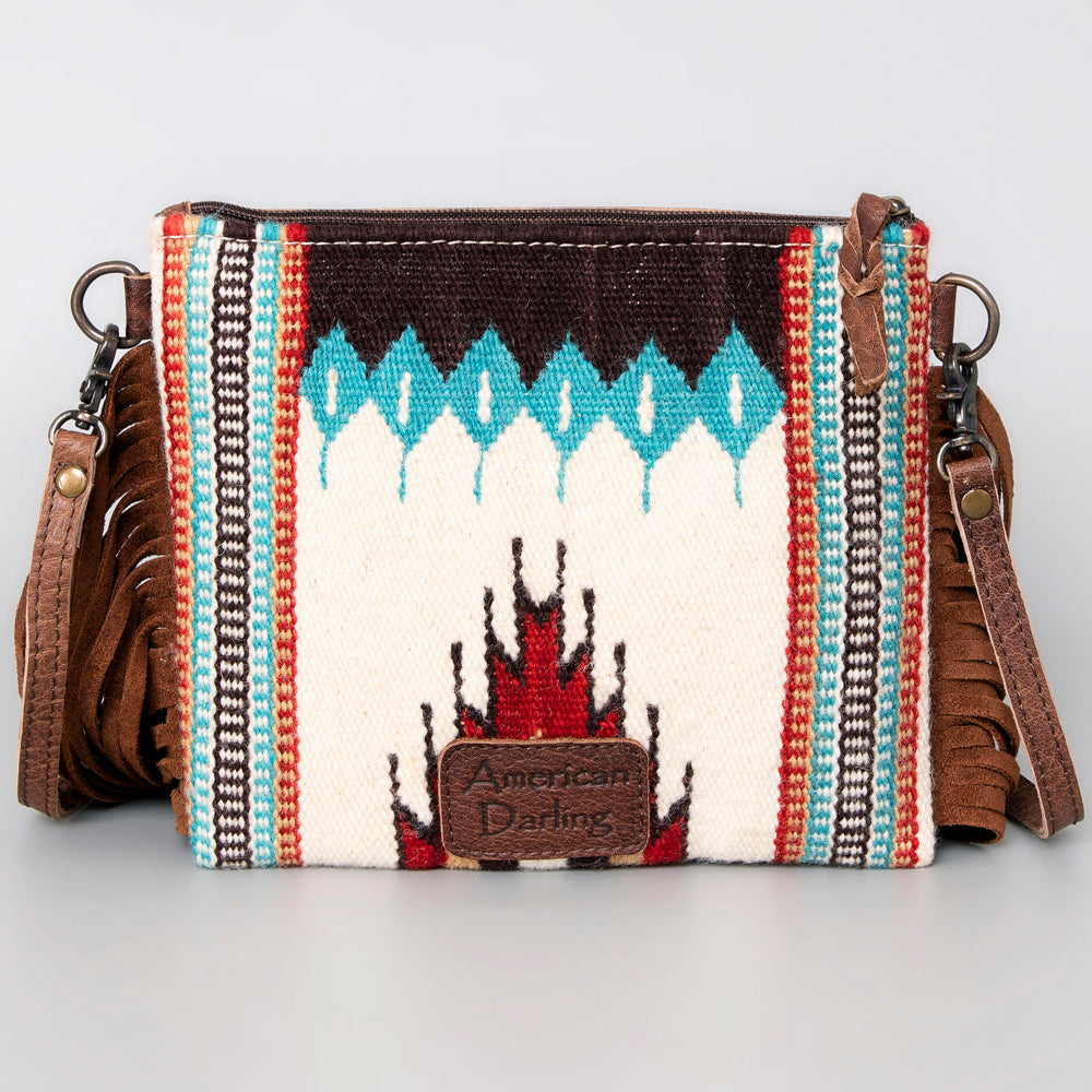 ADBG236 Southwestern Handwoven Crossbody Bag with Hand-Tooled Leather Flap and Long Fringes