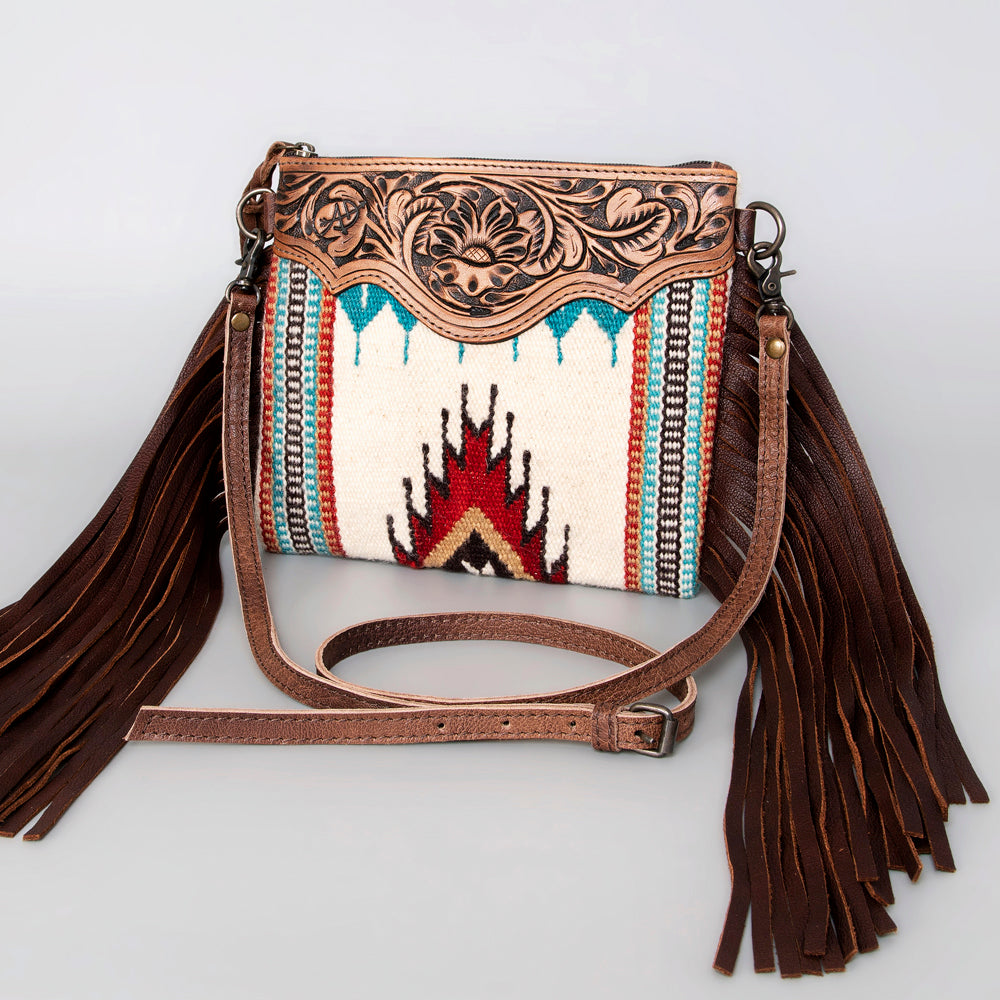 ADBG236 Southwestern Handwoven Crossbody Bag with Hand-Tooled Leather Flap and Long Fringes
