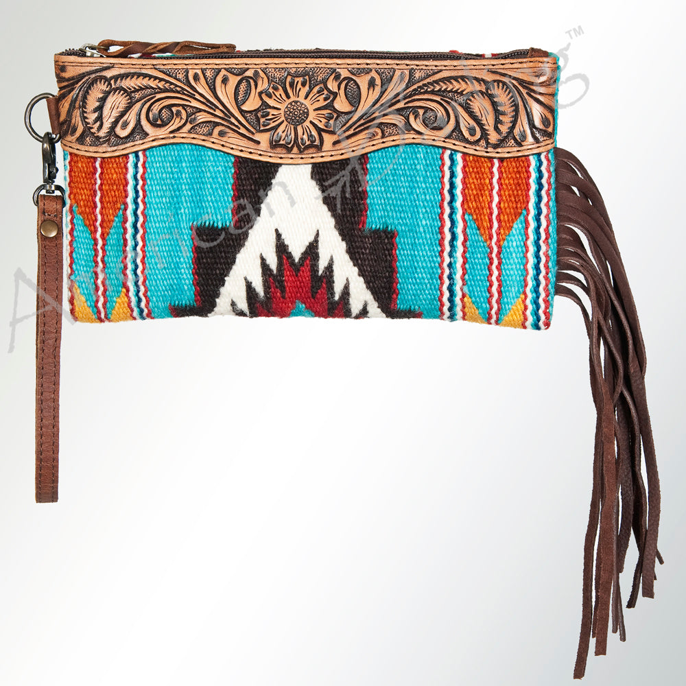 ADBG344 Tooled Leather Wristlet with Southwestern Wool Saddle Blanket & Fringe