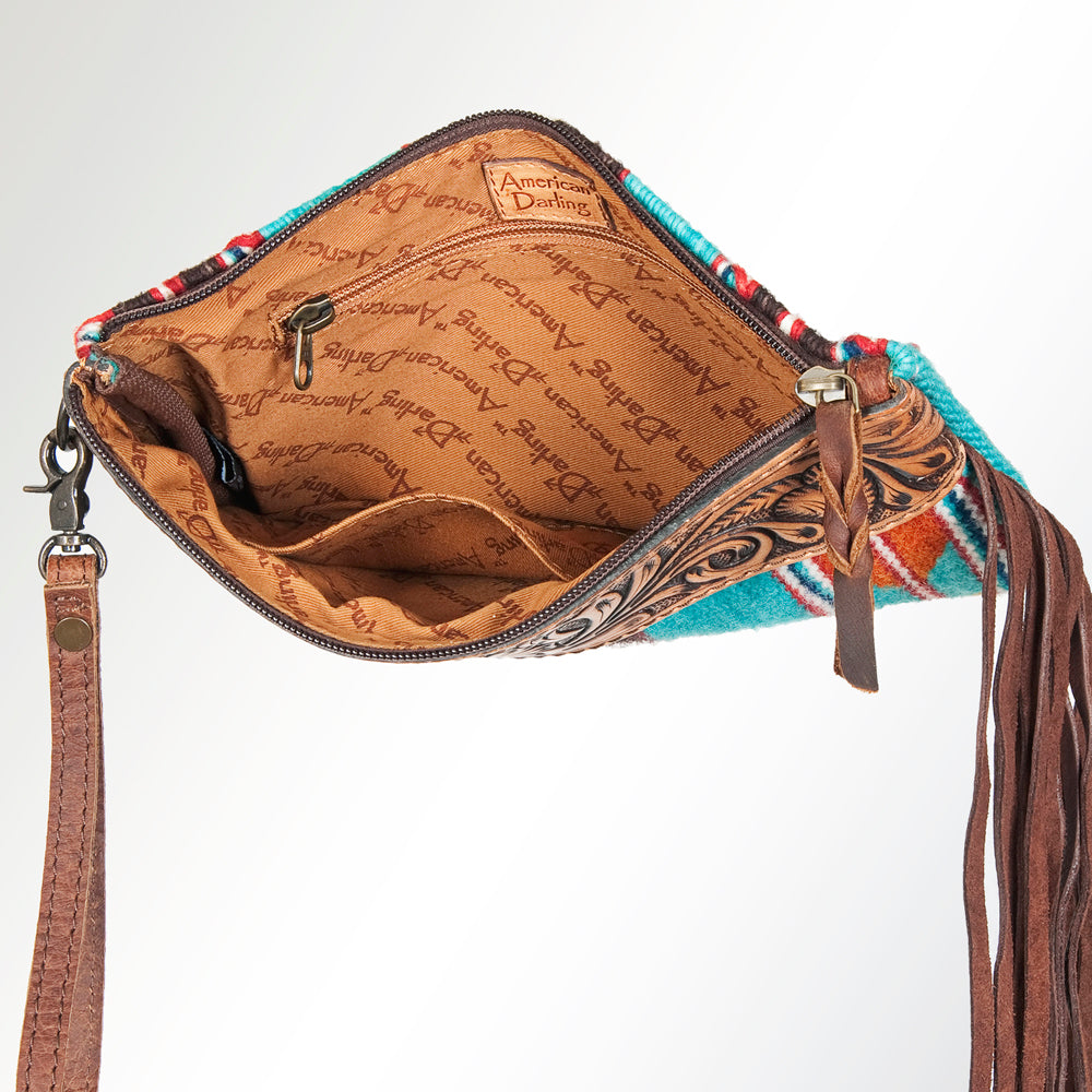 ADBG344 Tooled Leather Wristlet with Southwestern Wool Saddle Blanket & Fringe