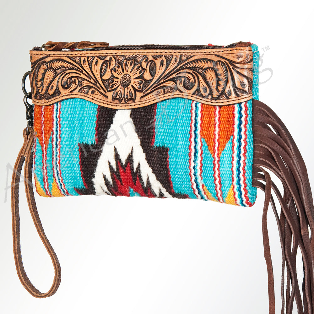 ADBG344 Tooled Leather Wristlet with Southwestern Wool Saddle Blanket & Fringe