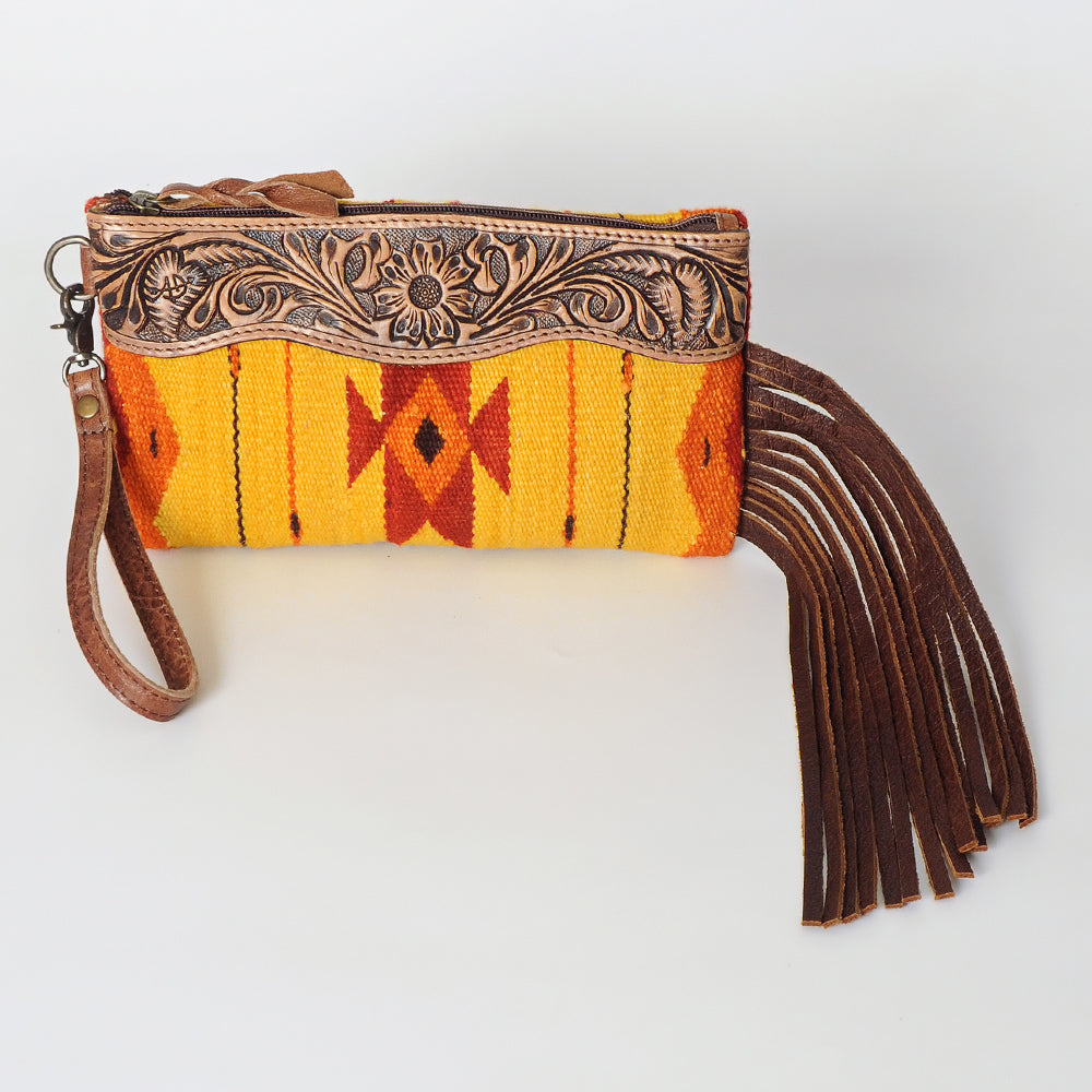 ADBG344 Tooled Leather Wristlet with Southwestern Wool & Fringe