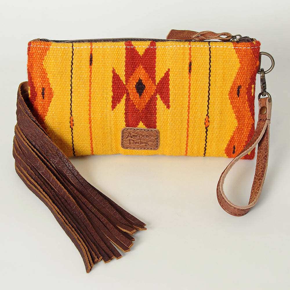 ADBG344 Tooled Leather Wristlet with Southwestern Wool & Fringe