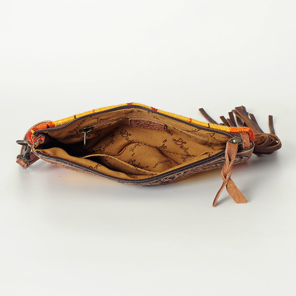 ADBG344 Tooled Leather Wristlet with Southwestern Wool & Fringe