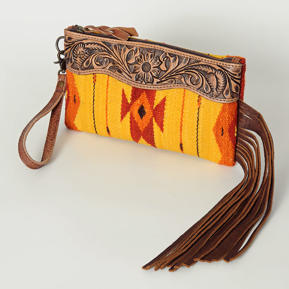 ADBG344 Tooled Leather Wristlet with Southwestern Wool & Fringe