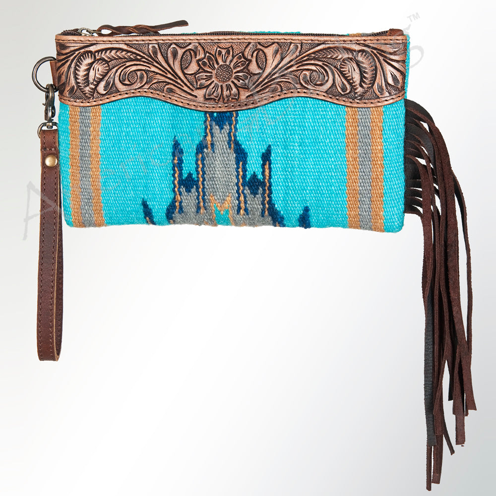 ADBG344 Tooled Leather Wristlet with Southwestern Wool & Fringe