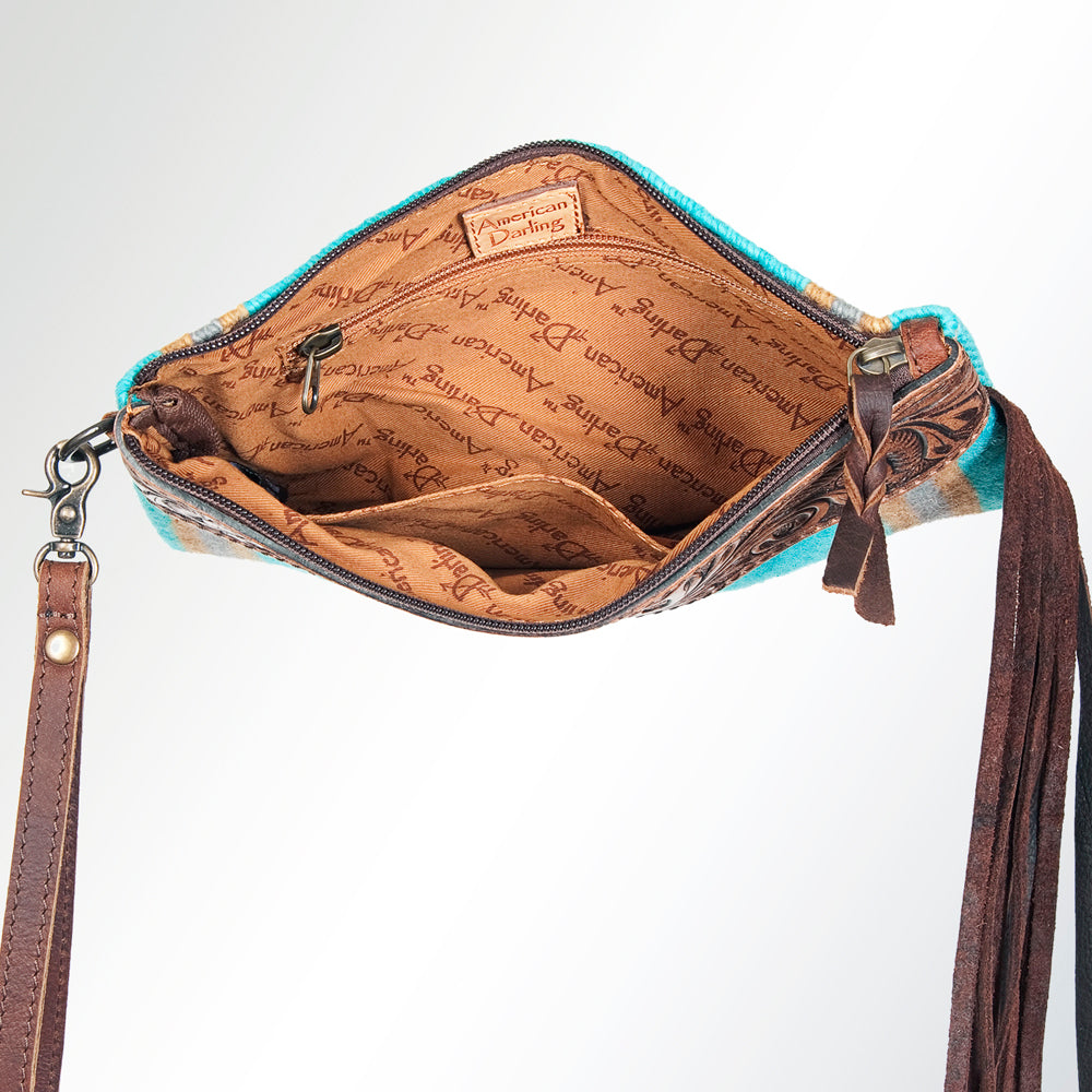 ADBG344 Tooled Leather Wristlet with Southwestern Wool & Fringe