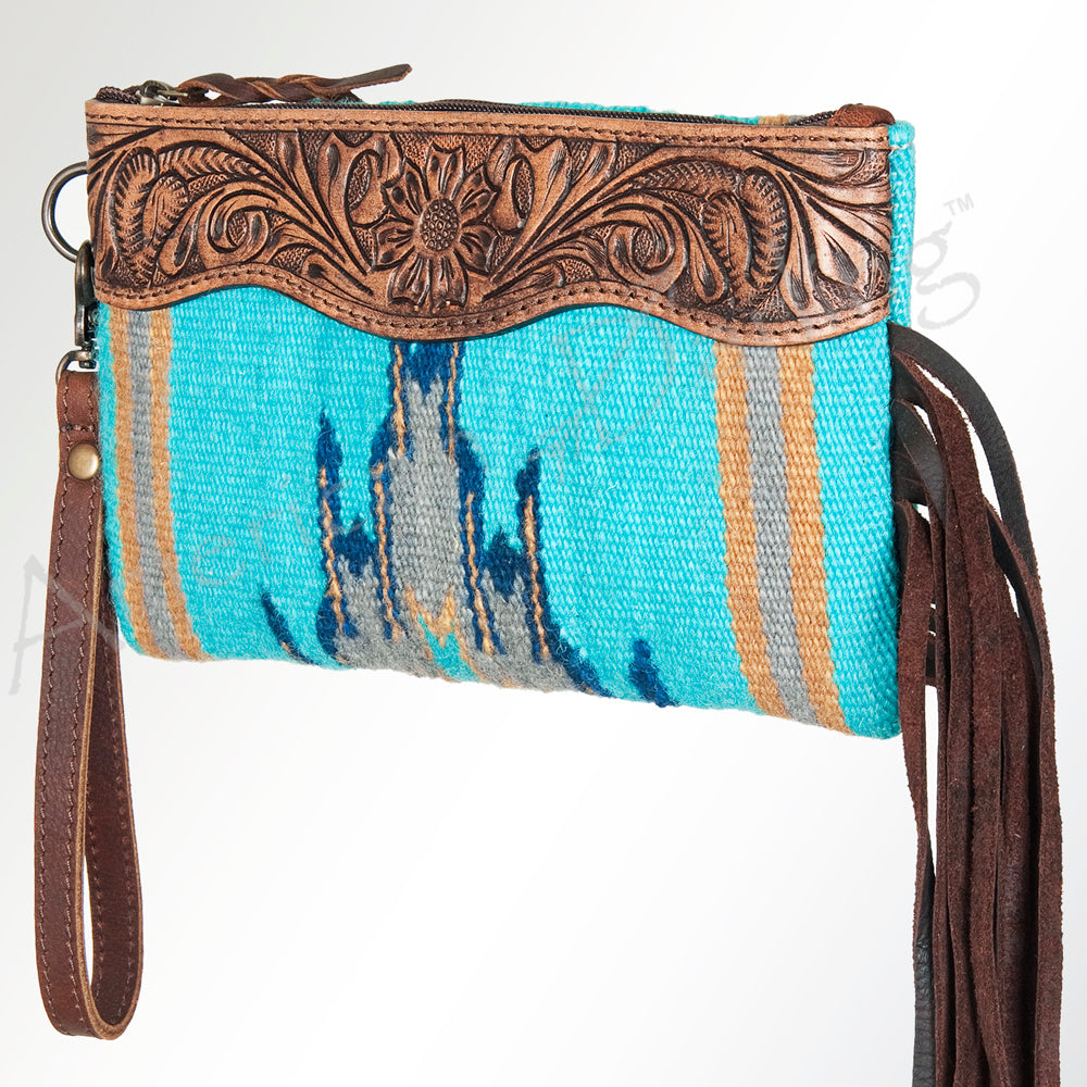 ADBG344 Tooled Leather Wristlet with Southwestern Wool & Fringe