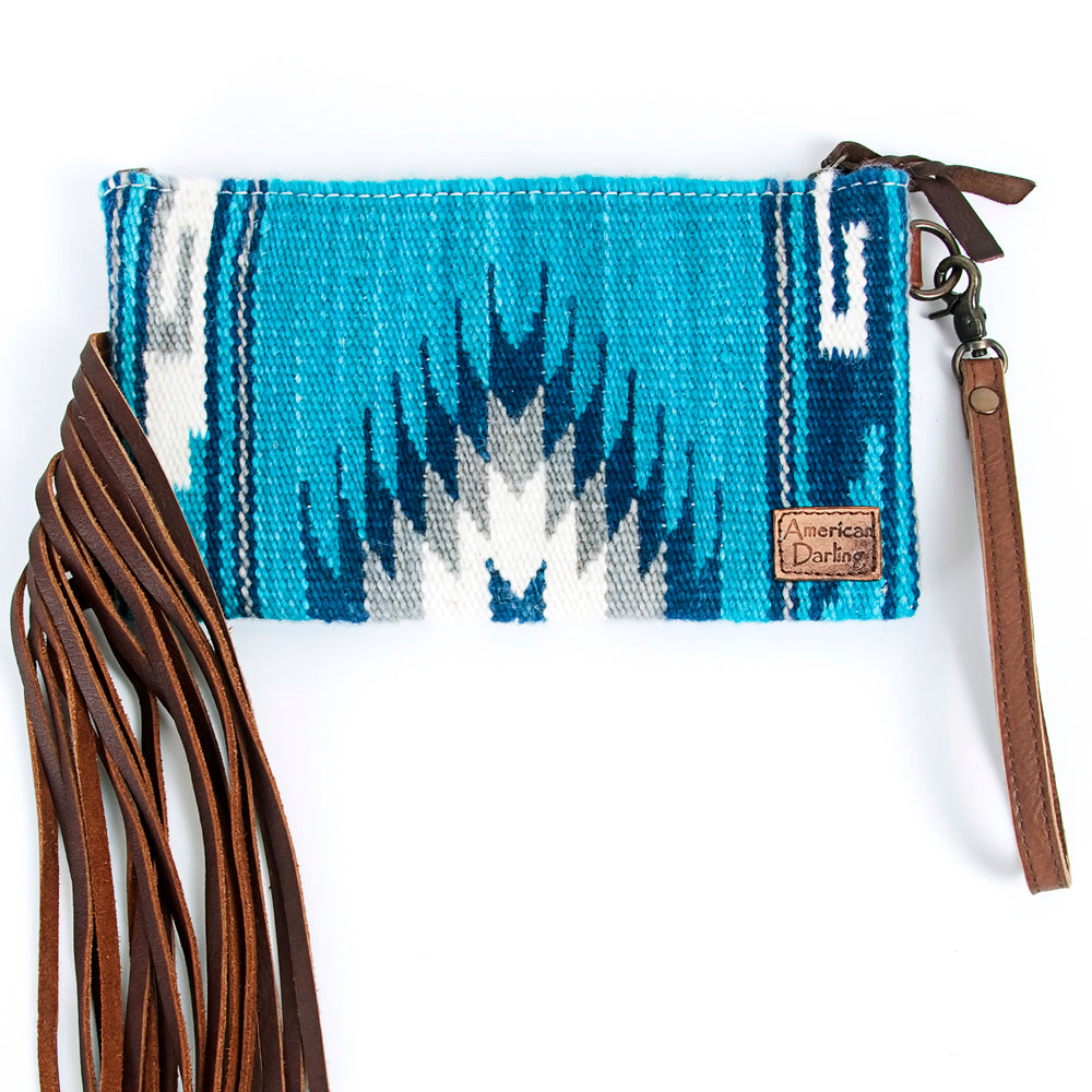 ADBG344 Tooled Leather Wristlet with Southwestern Wool & Fringe