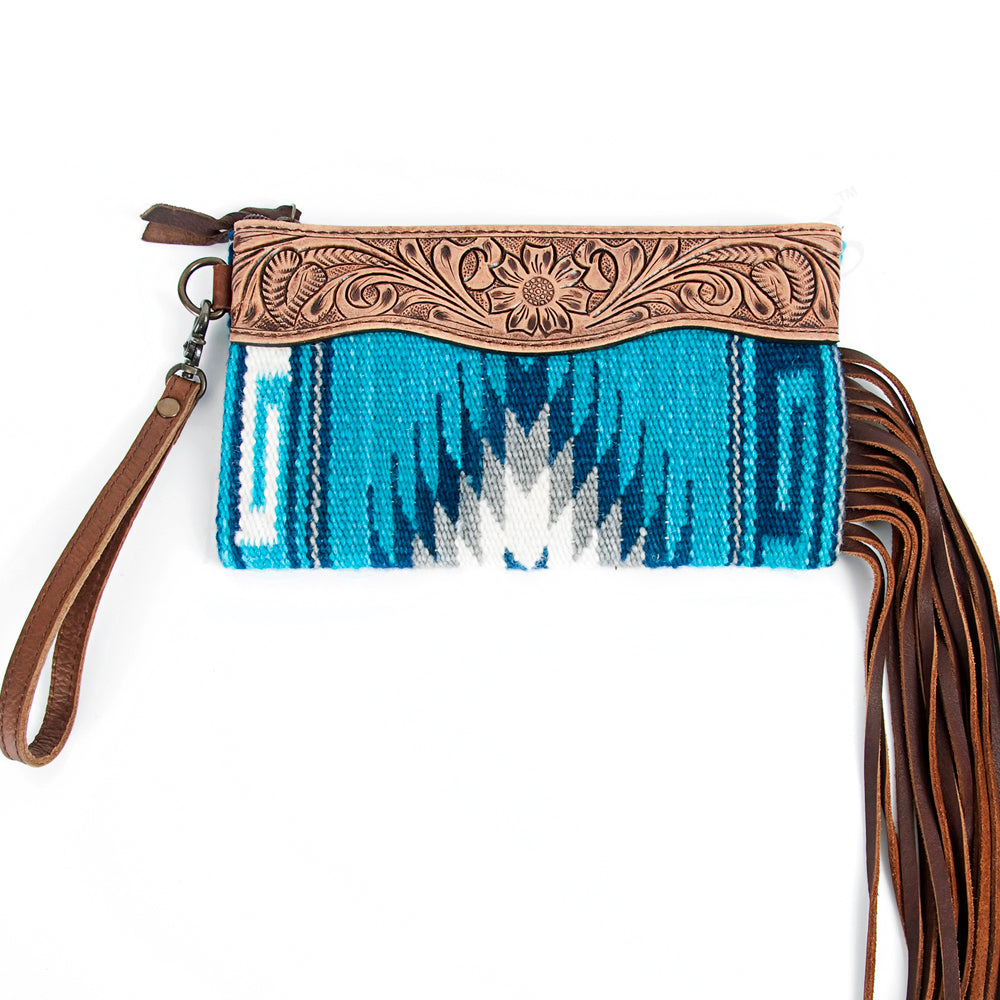 ADBG344 Tooled Leather Wristlet with Southwestern Wool & Fringe