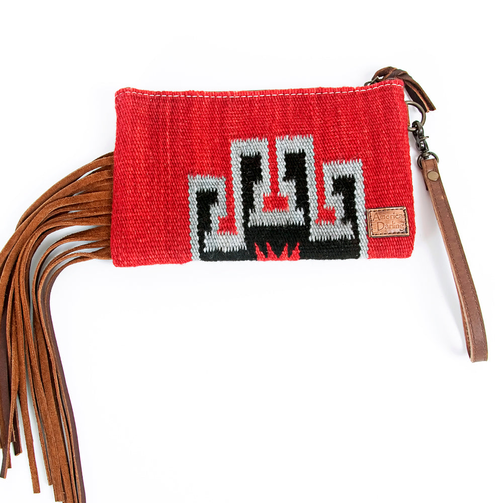 ADBG344 Tooled Leather Wristlet with Southwestern Wool & Fringe
