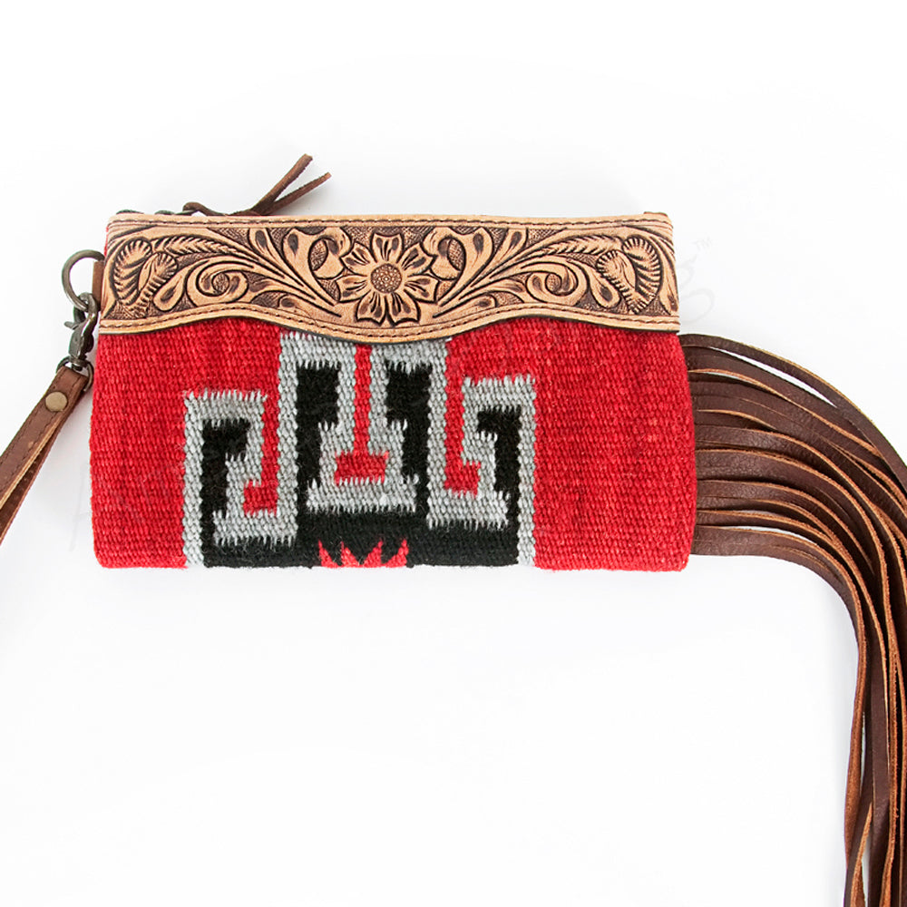 ADBG344 Tooled Leather Wristlet with Southwestern Wool & Fringe