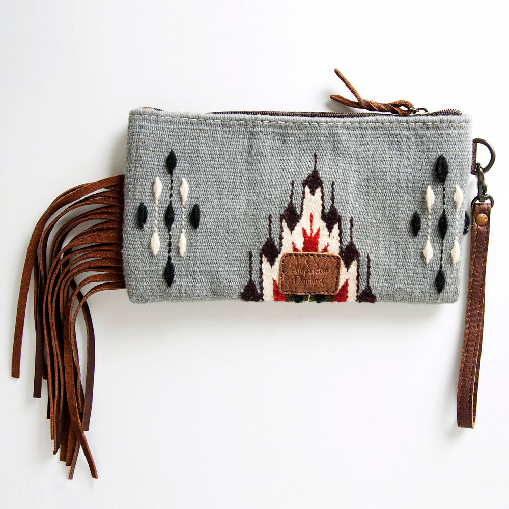 ADBG344 American Darling Western Leather Wristlet Bag with Hand Tooled Floral Carving and Saddle Blanket