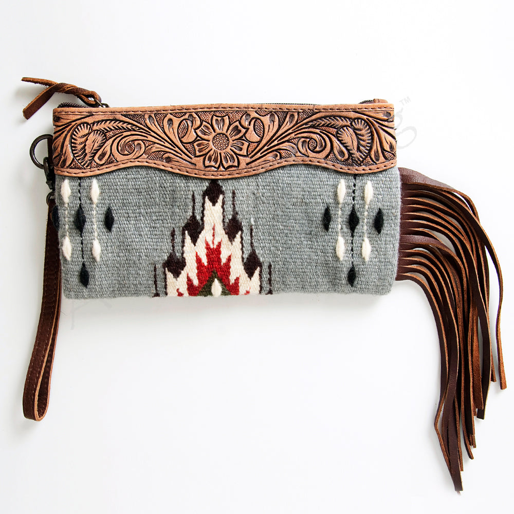 ADBG344 American Darling Western Leather Wristlet Bag with Hand Tooled Floral Carving and Saddle Blanket