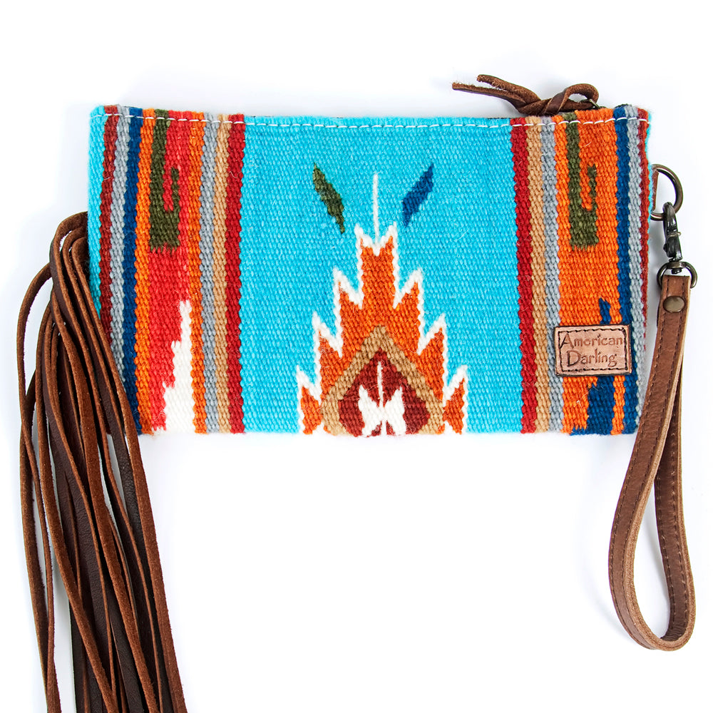 ADBG344 Tooled Leather Wristlet with Southwestern Wool & Fringe