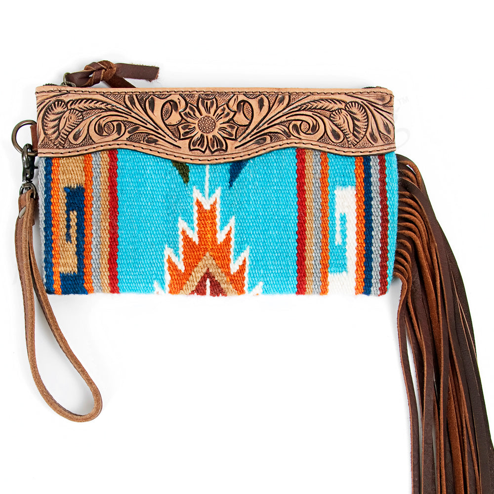 ADBG344 Tooled Leather Wristlet with Southwestern Wool & Fringe