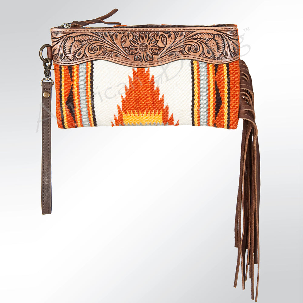 ADBG344 Tooled Leather Wristlet with Southwestern Wool & Fringe