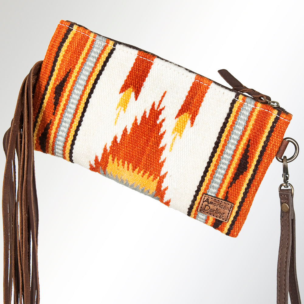 ADBG344 Tooled Leather Wristlet with Southwestern Wool & Fringe