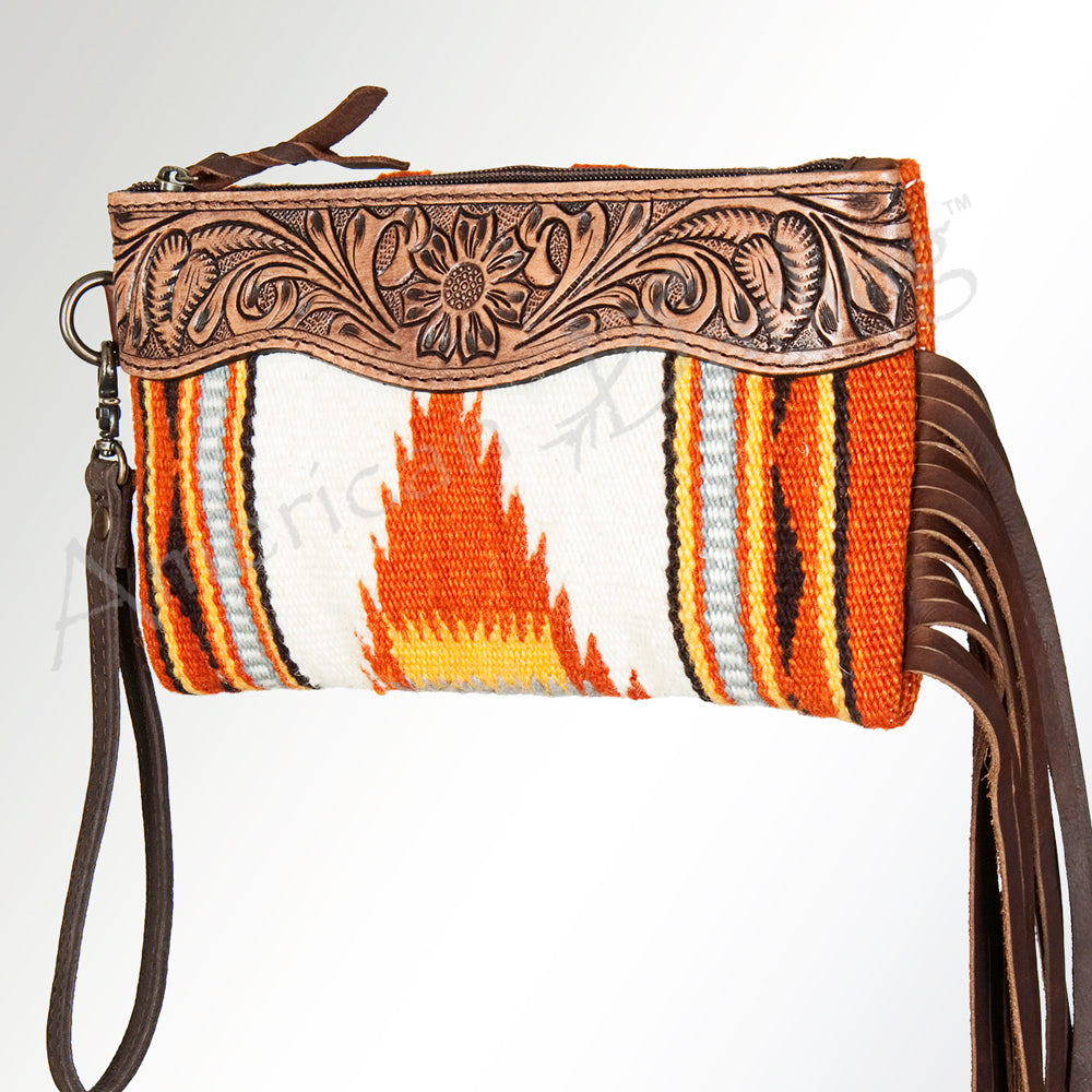ADBG344 Tooled Leather Wristlet with Southwestern Wool & Fringe