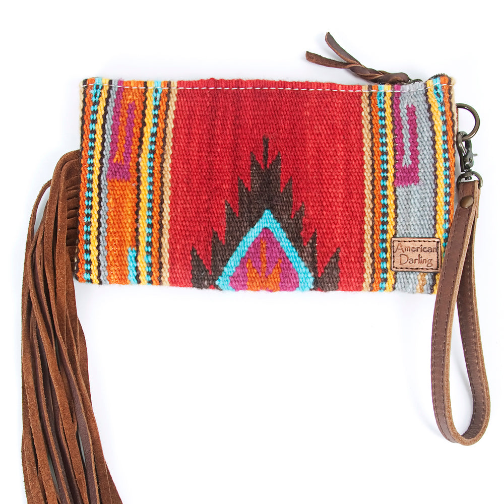 ADBG344 Tooled Leather Wristlet with Southwestern Wool & Fringe
