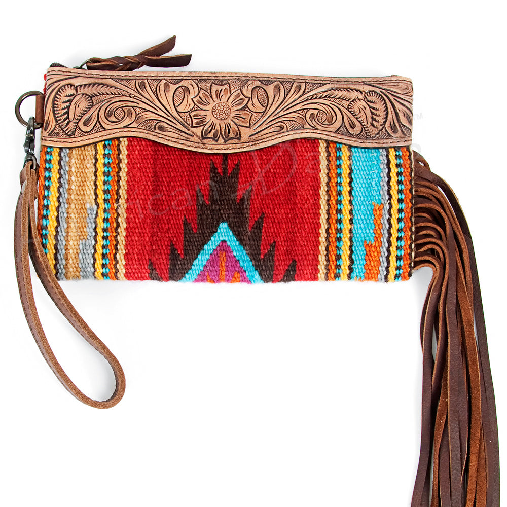ADBG344 Tooled Leather Wristlet with Southwestern Wool & Fringe