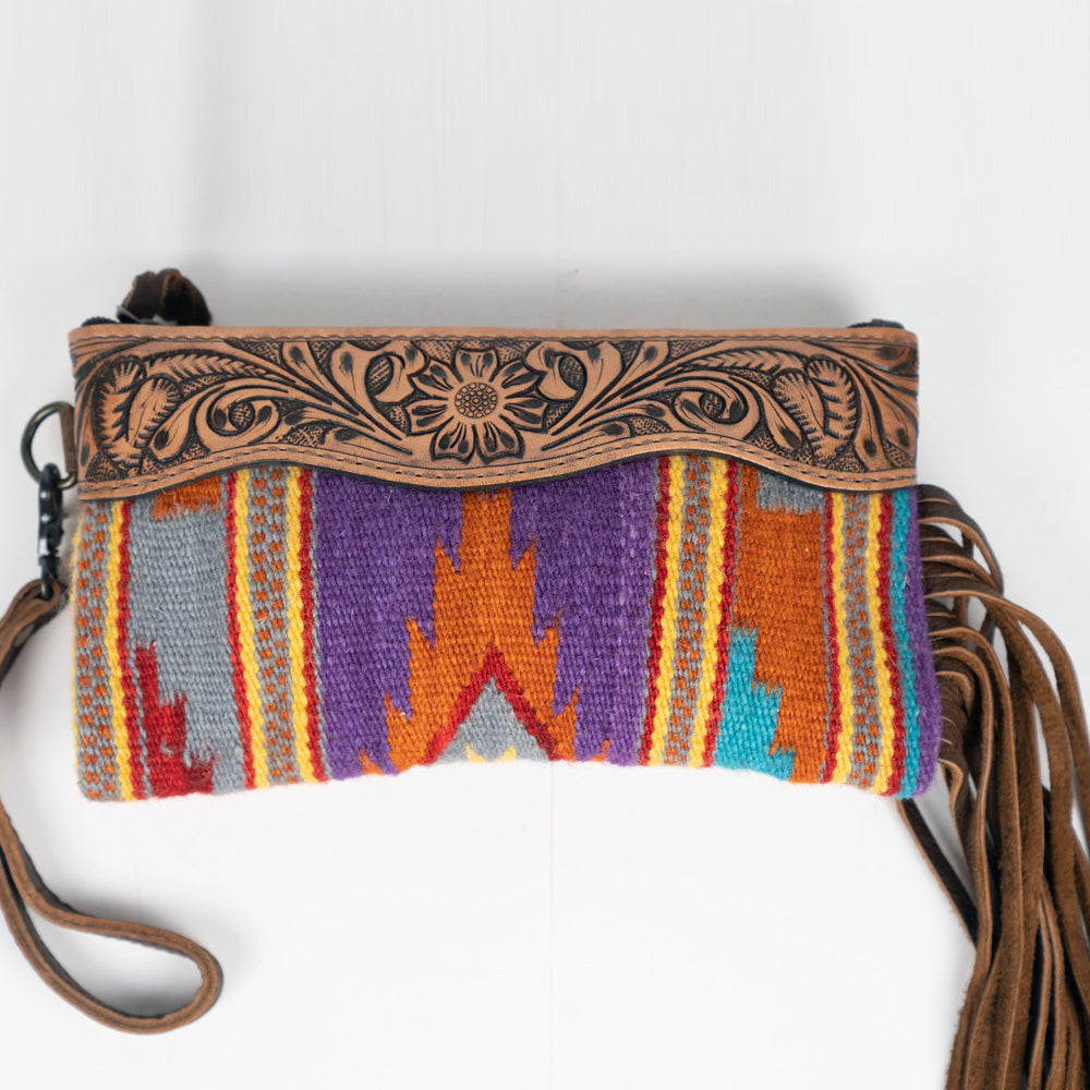 ADBG344 Tooled Leather Wristlet with Southwestern Wool & Fringe