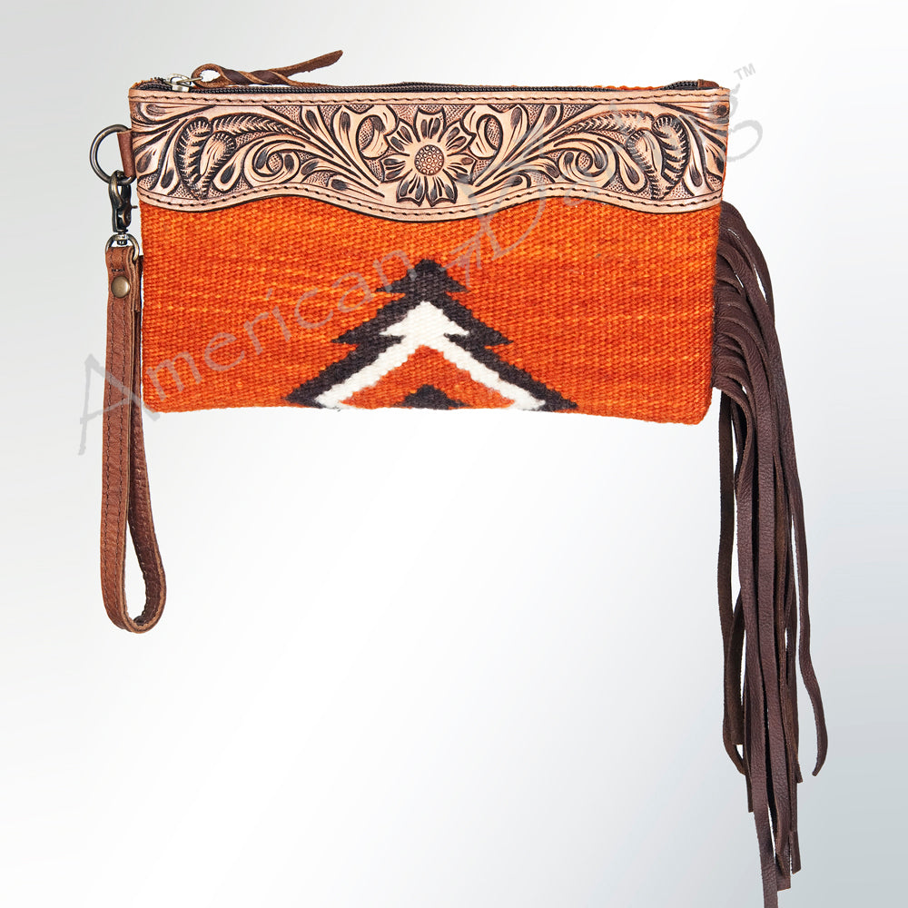 ADBG344 Tooled Leather Wristlet with Southwestern Wool & Fringe