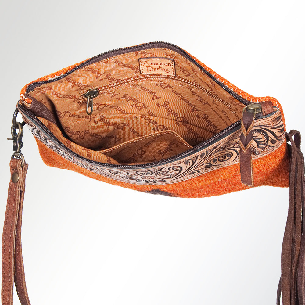 ADBG344 Tooled Leather Wristlet with Southwestern Wool & Fringe