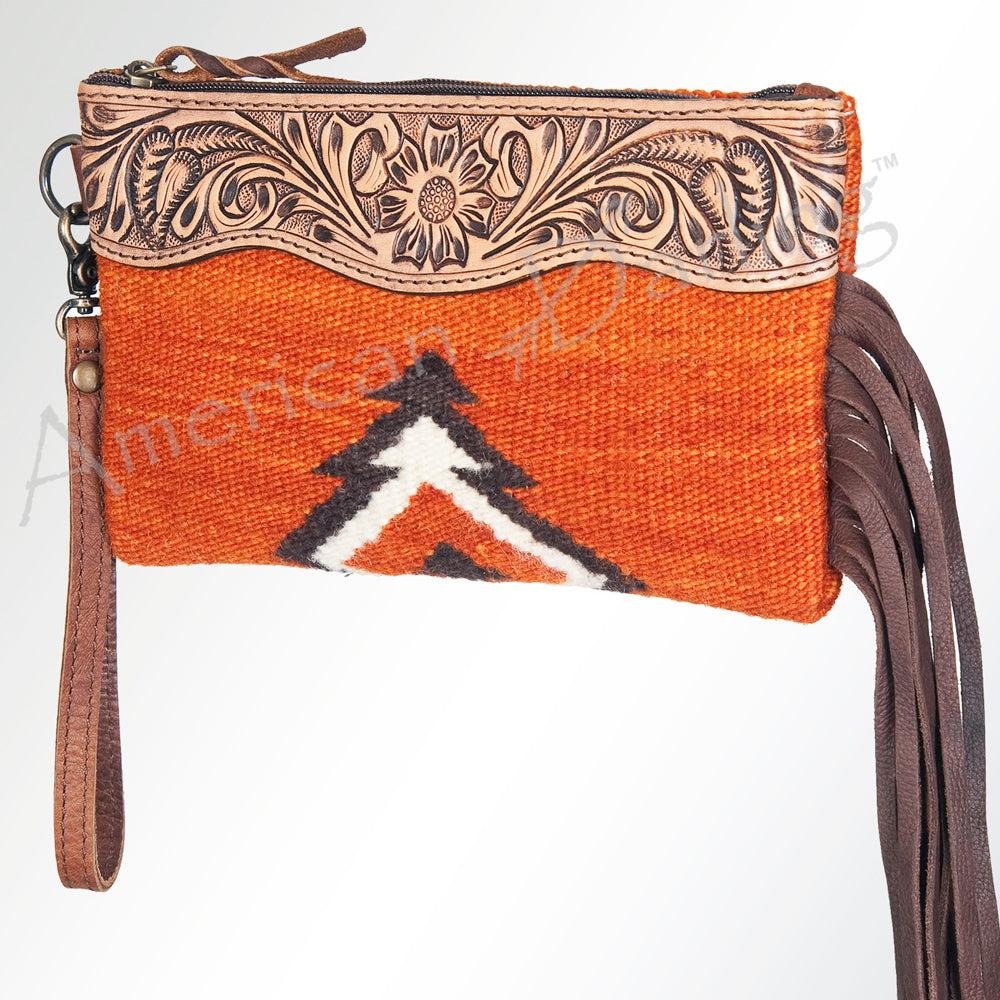 ADBG344 Tooled Leather Wristlet with Southwestern Wool & Fringe