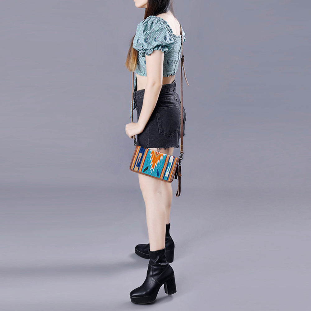 ADBG485 Southwestern Wool Organizer Bag with Leather Trim with Crossbody Strap & Geometric Pattern