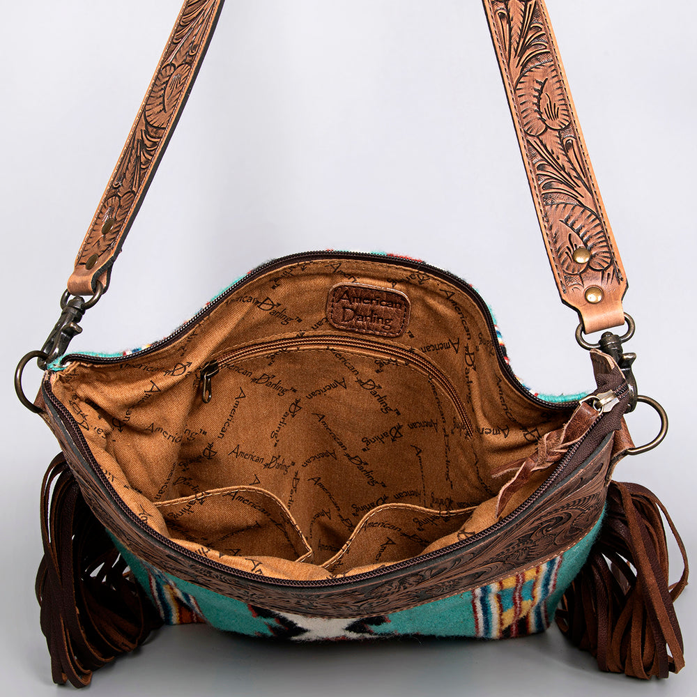 ADBG510 Tooled Leather & Saddle Blanket Crossbody Bag - Western Fringe Purse by American Darling