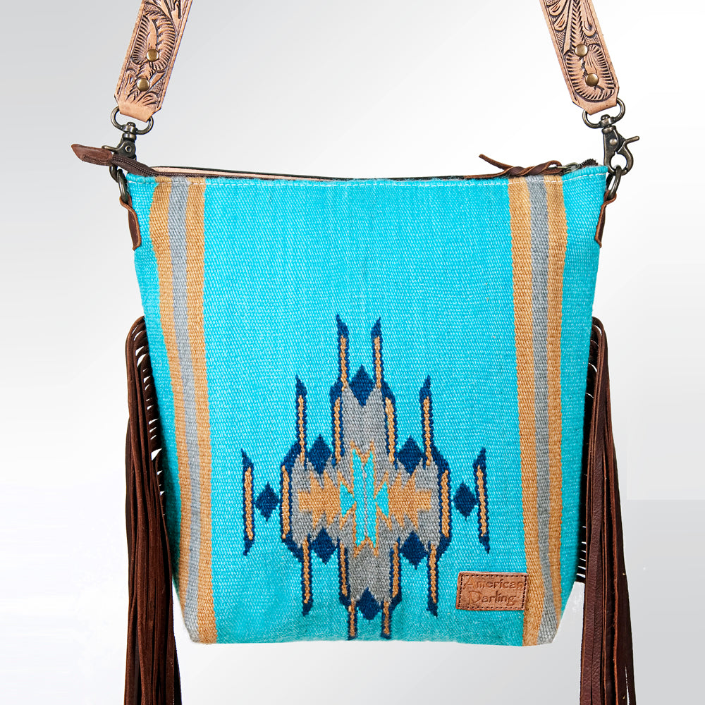 ADBG510 Tooled Leather & Saddle Blanket Crossbody Bag - Western Fringe Purse by American Darling