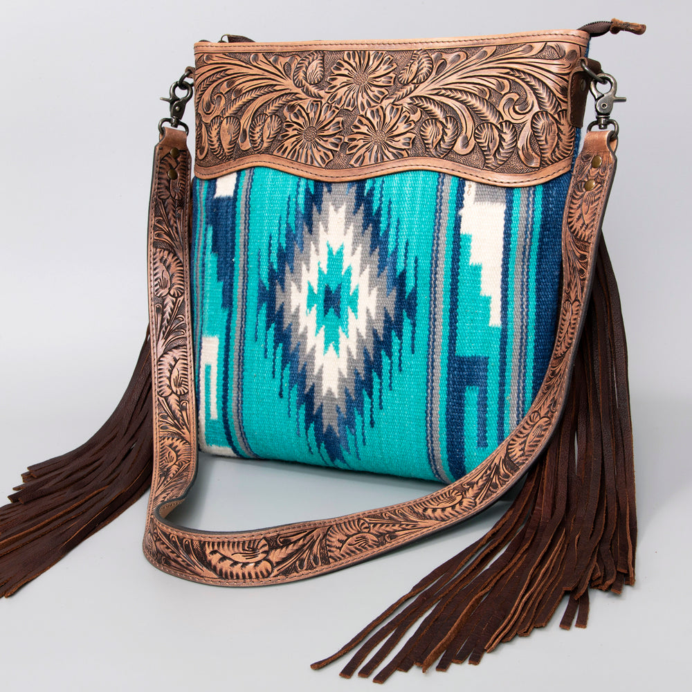 ADBG510 Tooled Leather & Saddle Blanket Crossbody Bag Jolene Western Fringe Purse by American Darling