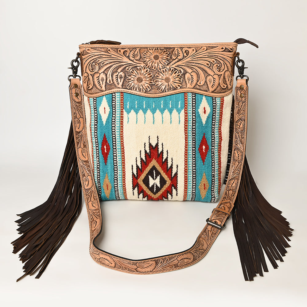 ADBG510 Tooled Leather & Saddle Blanket Crossbody Bag Jolene Western Fringe Purse by American Darling