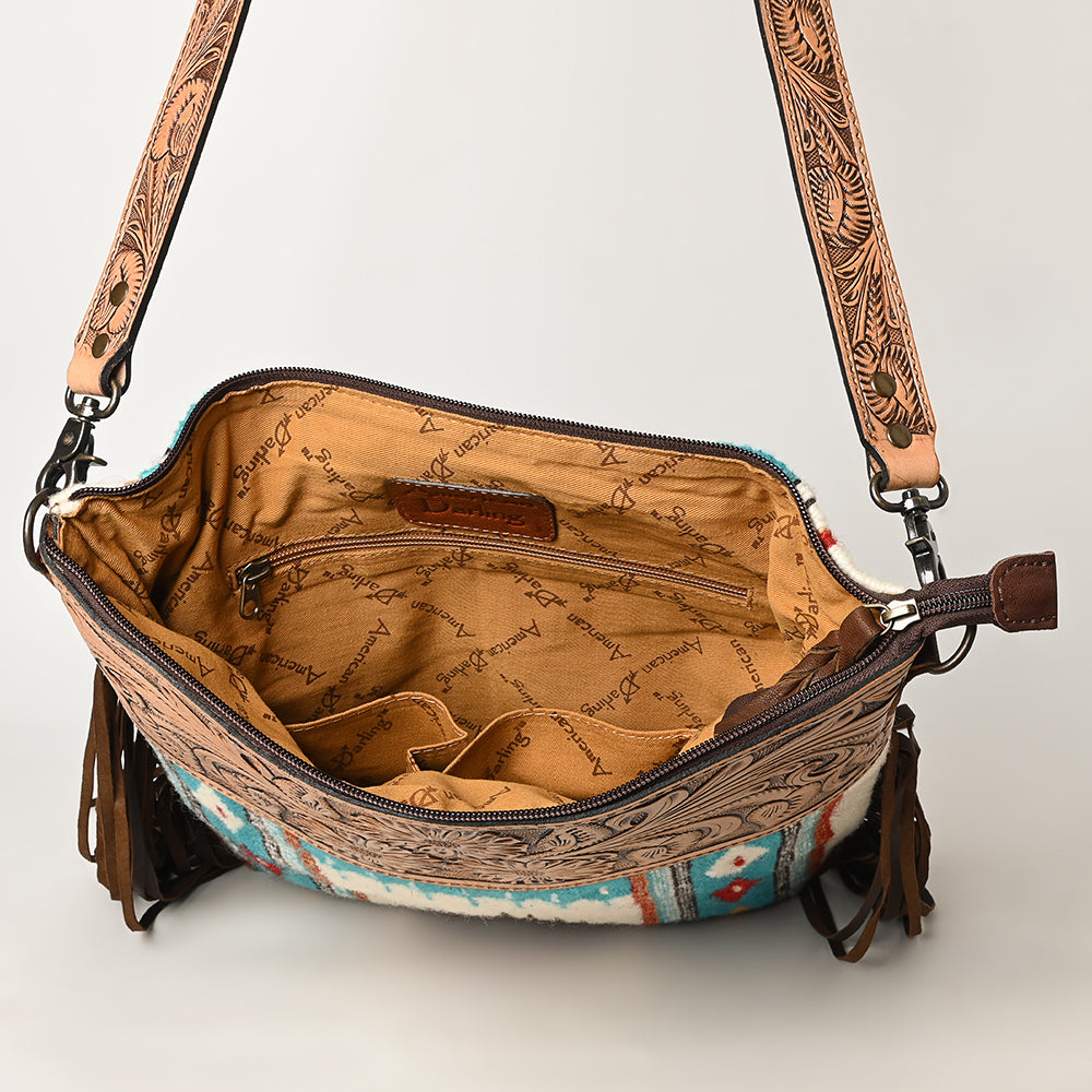 ADBG510 Tooled Leather & Saddle Blanket Crossbody Bag Jolene Western Fringe Purse by American Darling